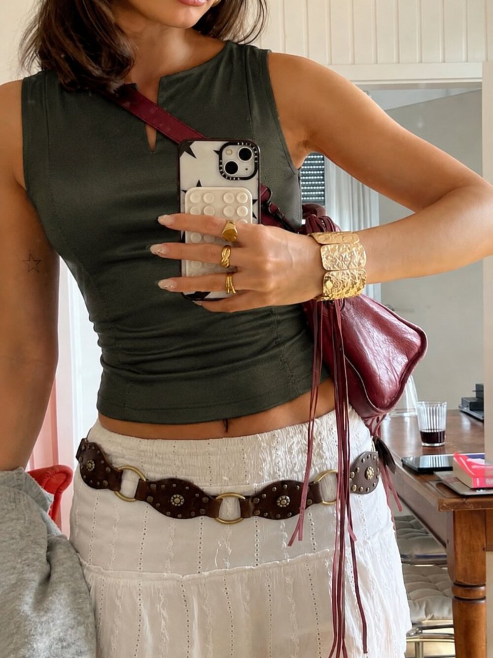 Sleeveless Fitted Top Reitmans Slit Olive Green Lined High Cut Modest